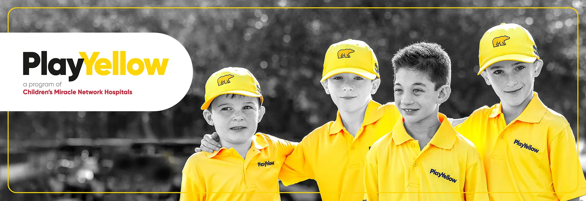 4 kids dressed in yellow Play Yellow golf shirts